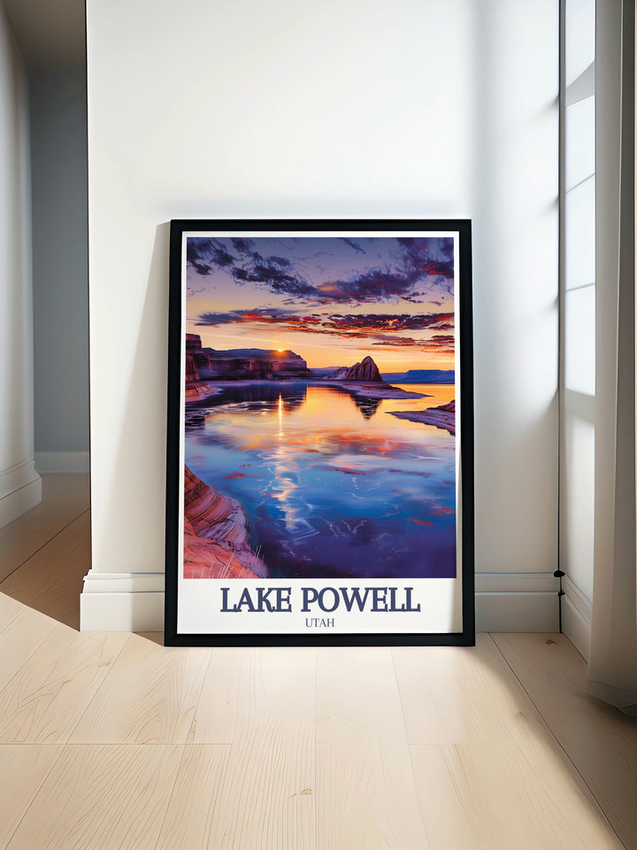 Celebrate the breathtaking scenery of Lake Powell with this framed art print, capturing the tranquil waters of Glen Canyon cove and the wide expanse of Padre Bay. A wonderful addition to any art collection or home décor.