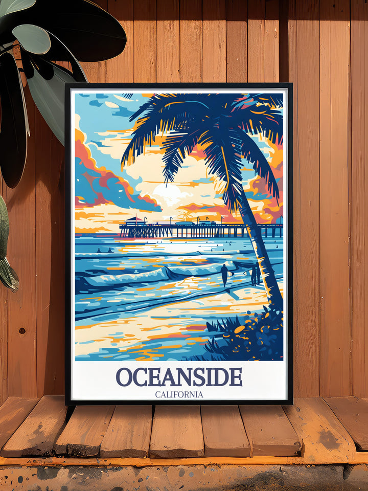 Oceanside Beach and Oceanside Pier travel poster designed to evoke the tranquility of beach days with its vibrant colors and detailed illustration a perfect addition to any room or as a unique gift for art lovers