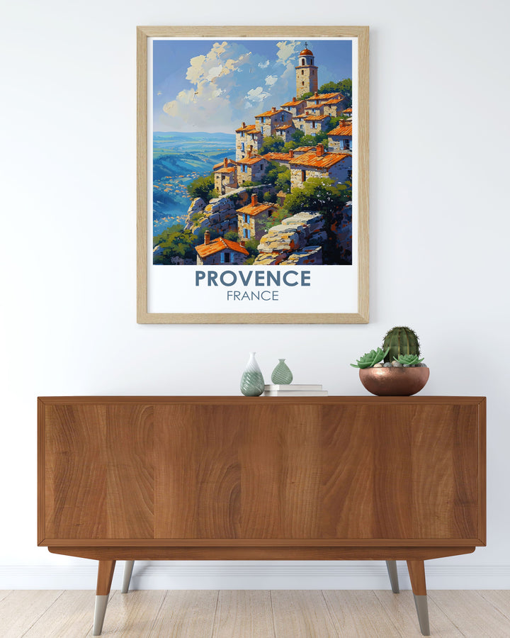 Embrace the rich history and cultural heritage of Gordes with this travel poster, depicting the villages narrow streets, charming squares, and historical landmarks.