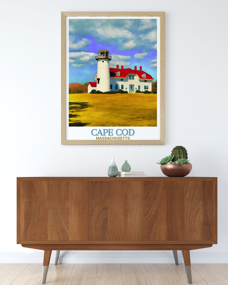 Chatham Lighthouse, standing tall on the edge of Cape Cod, is brought to life in this colorful art print. Perfect as a gift or a centerpiece for your own home decor, this poster showcases the best of Massachusetts coastal landmarks.