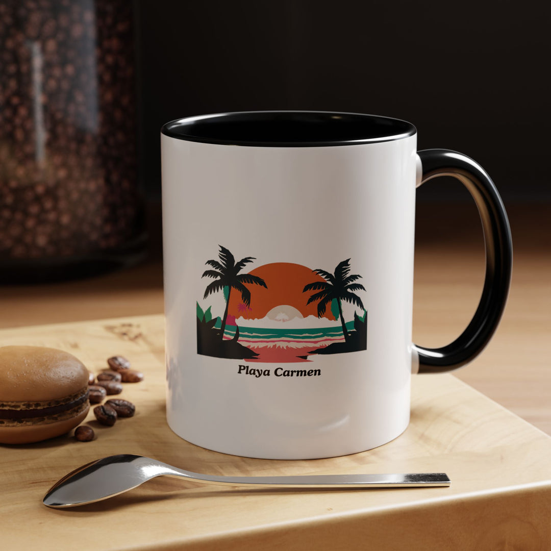 A ceramic Playa del Carmen Mug showcasing bold and intricate artwork inspired by Playa del Carmen’s iconic beaches and lush palm trees. Dishwasher safe, this mug is perfect for travel lovers and as a special keepsake.