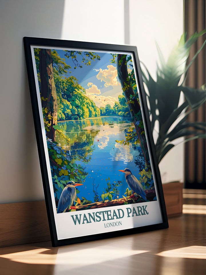 Captivating Wanstead Park vintage travel print showcasing the parks serene lakes and wooded areas. Ideal for adding a touch of East Londons natural beauty to your home decor or office space