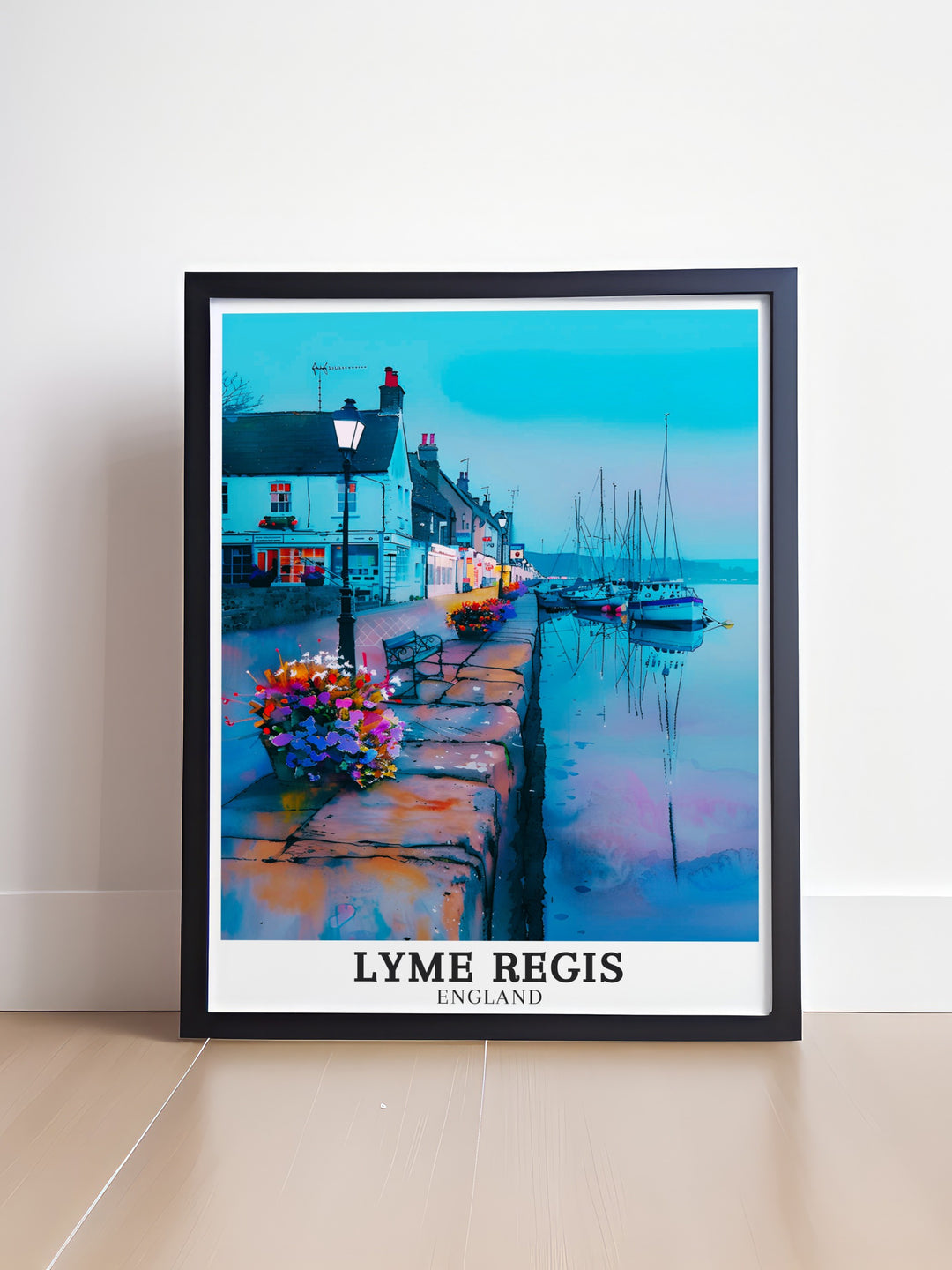 The beauty of Lyme Regis Harbour and The Cobb is captured perfectly in this travel print. The artworks soft tones and intricate details create a serene and calming piece, ideal for lovers of the English coastline and travel enthusiasts.