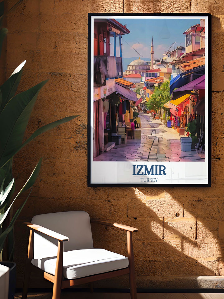 The vibrant colors and intricate details of Kemeralti Bazaar and Başdurak Mosque are captured in this poster, celebrating the scenic and cultural richness of Izmir.