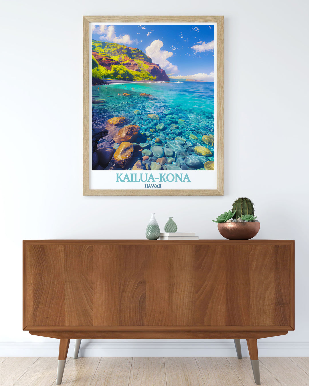 Poster of Kailua Kona, highlighting its vibrant beaches and cultural heritage. The detailed illustration celebrates the historical significance and scenic beauty of this Hawaiian destination.