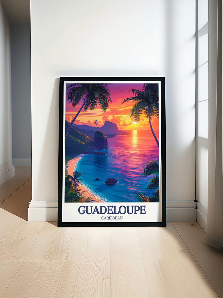 The striking La Soufrière Volcano in Guadeloupe stands tall against a lush green landscape, capturing the rugged beauty of this active stratovolcano. Ideal for adventure enthusiasts, this poster brings a sense of natures raw power into your living space.