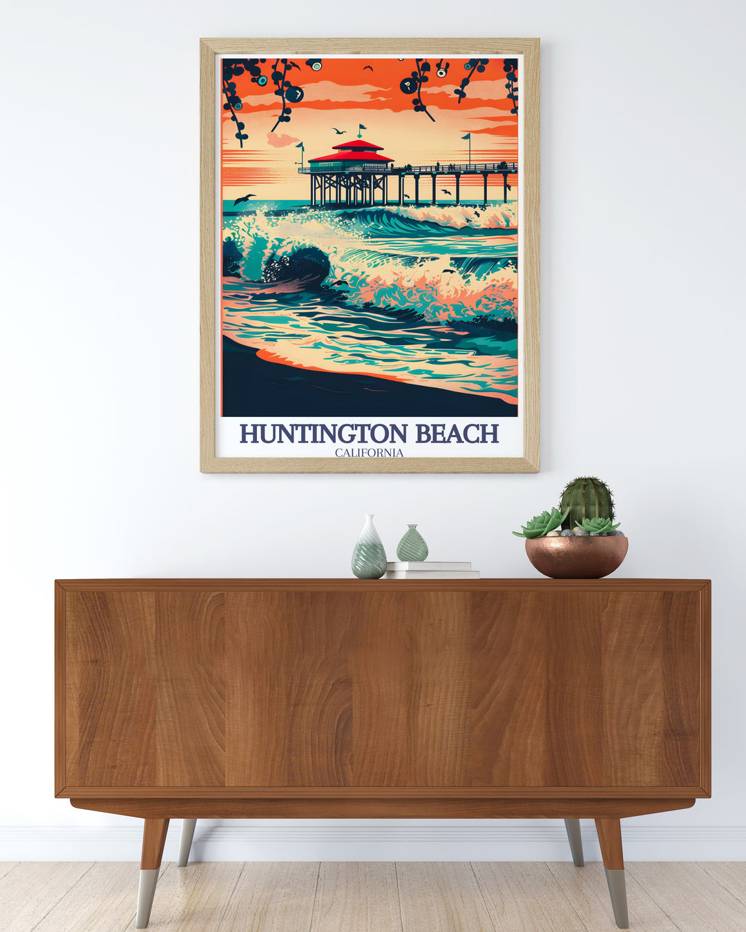 Huntington Beach Pier captured in a beautiful art print, highlighting the pristine Pacific Ocean and sandy coastline. Perfect for those who love Californias beaches, this travel poster is an ideal addition to your home decor.