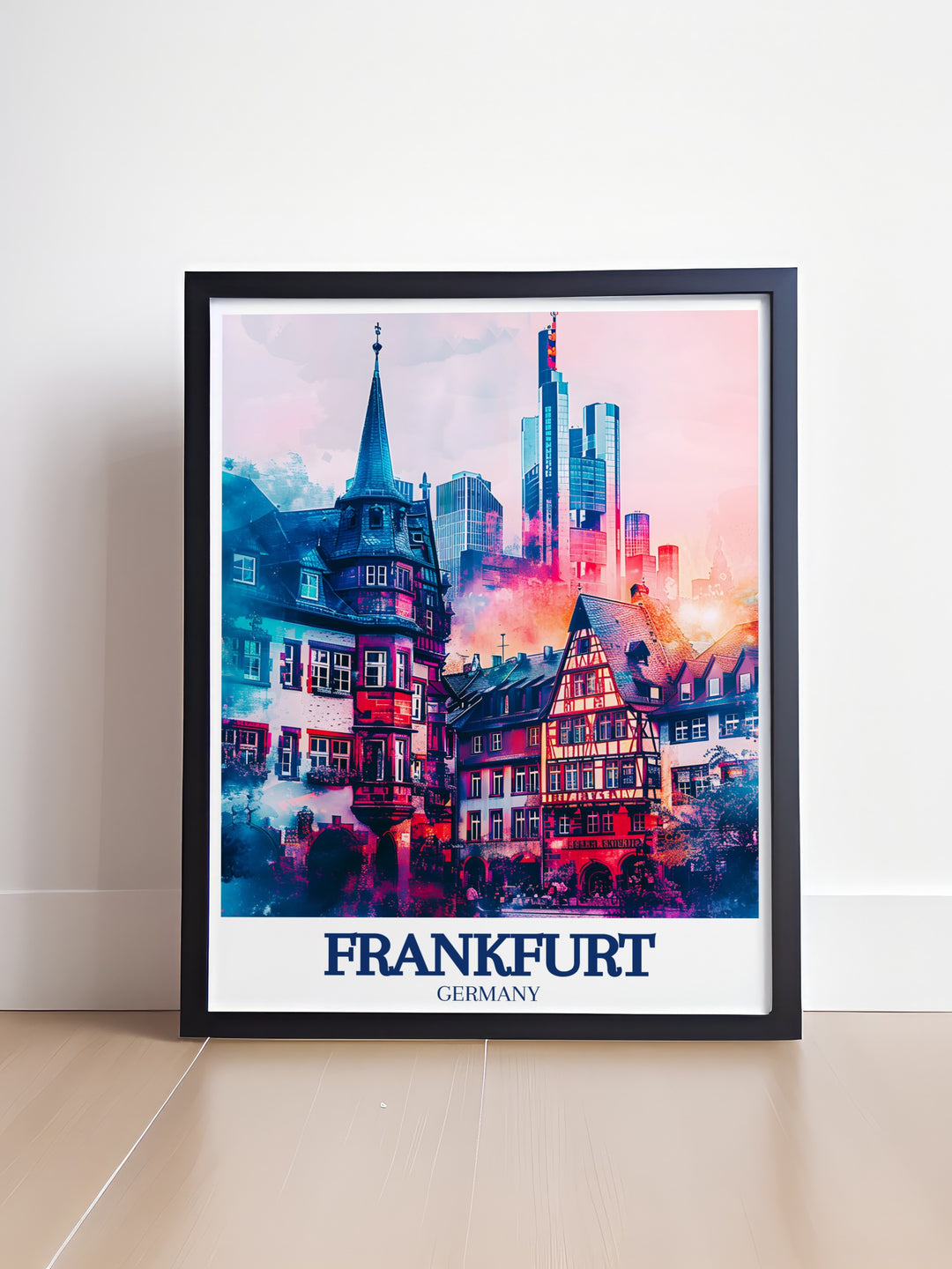 A custom print featuring Römerberg in Frankfurt am Main, highlighting the squares historic significance and its role as the cultural heart of the city. The artwork captures the essence of Frankfurts history and architecture, making it an ideal piece for art lovers and those with a connection to Germany.