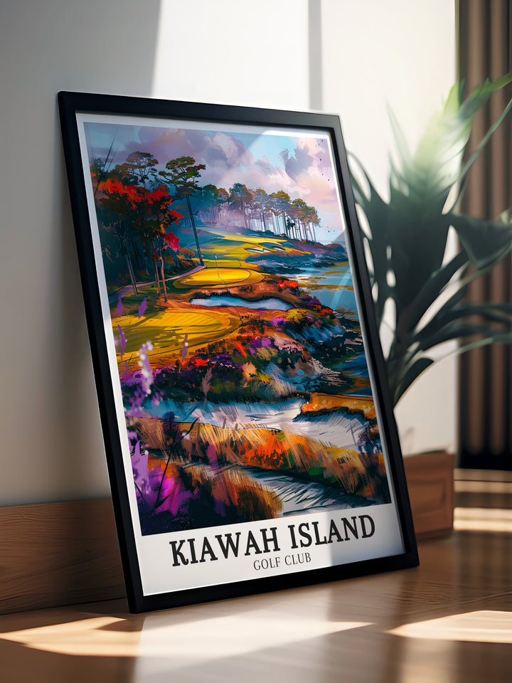 Framed art of the Ocean Course at Kiawah Island offering a glimpse of the courses stunning seaside location and intricate design a striking piece for any golf lovers collection