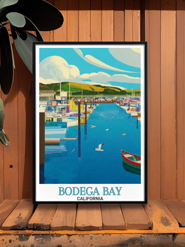 Bodega Bay artwork showcasing the vibrant and serene atmosphere of Bodega Bay Marina. Ideal for home decor and as a gift for those who appreciate California travel and beach scenes.