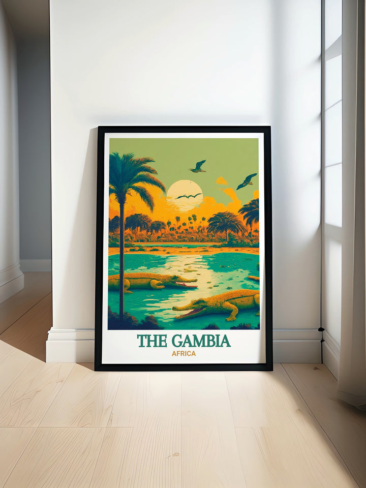 The Gambia travel print featuring Kachikally Crocodile Pool. A beautifully crafted piece that celebrates the rich landscapes and natural wonders of this iconic location. Ideal for enhancing your home decor with a touch of elegance and nature inspired art.