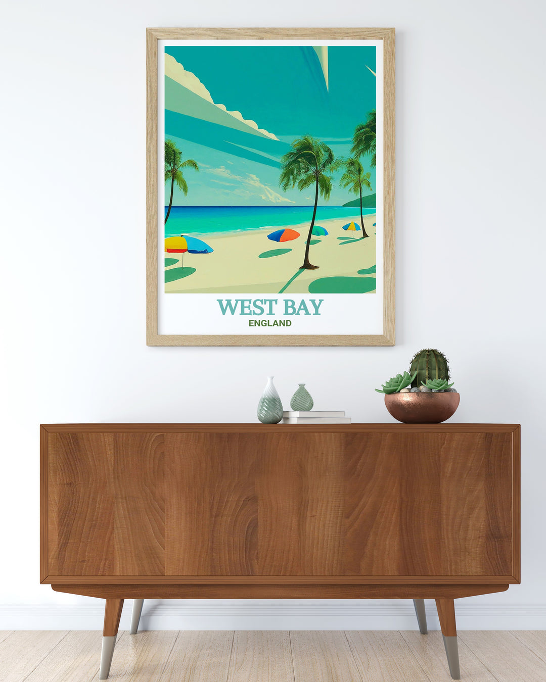 West Bay art print capturing the peaceful beauty of the beach and cliffs along Englands Jurassic Coast. This travel poster is perfect for anyone who loves scenic coastal views, making it a great addition to any wall art collection.