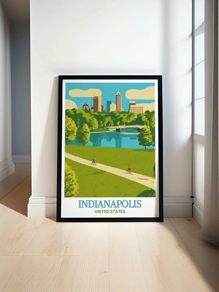 Vintage style White River State Park print with the Indianapolis skyline. Perfect for home decor or as a thoughtful gift. This artwork celebrates the rich natural beauty and modern elegance of Indianapolis, making it a cherished memento.