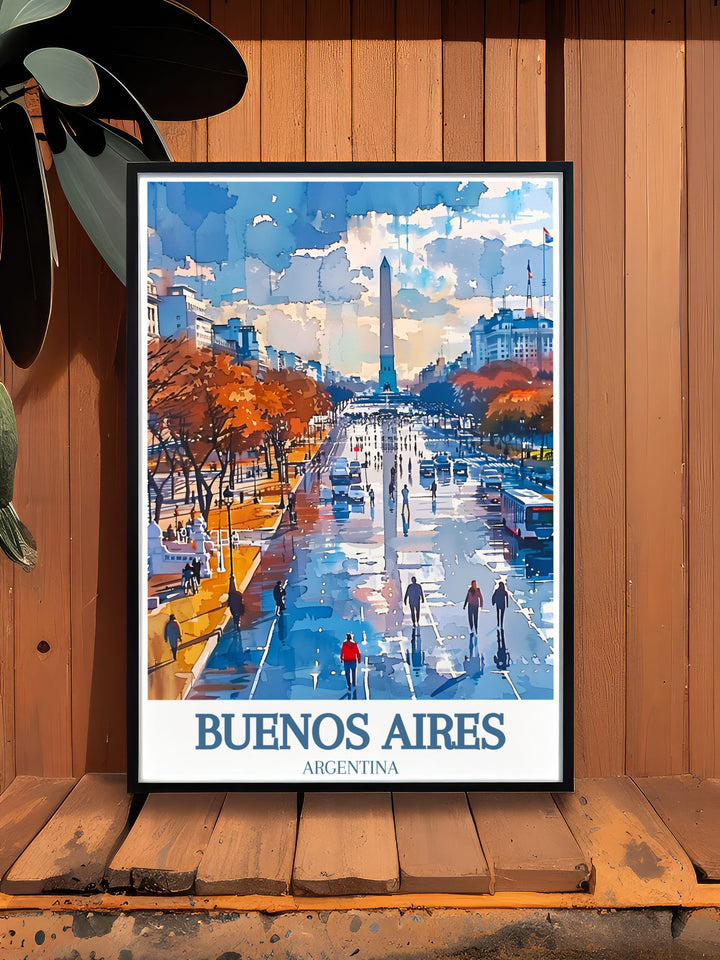 Eye catching Buenos Aires artwork featuring the iconic Obelisk and the bustling Plaza de la Republica, perfect for personalizing your space with Argentinas urban charm.
