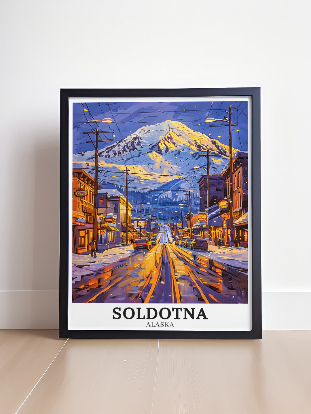 Vibrant Soldotna poster displaying the striking Mt. Redoubt and the picturesque town of Soldotna. The artwork celebrates the power and tranquility of Alaska, perfect for those who appreciate the great outdoors