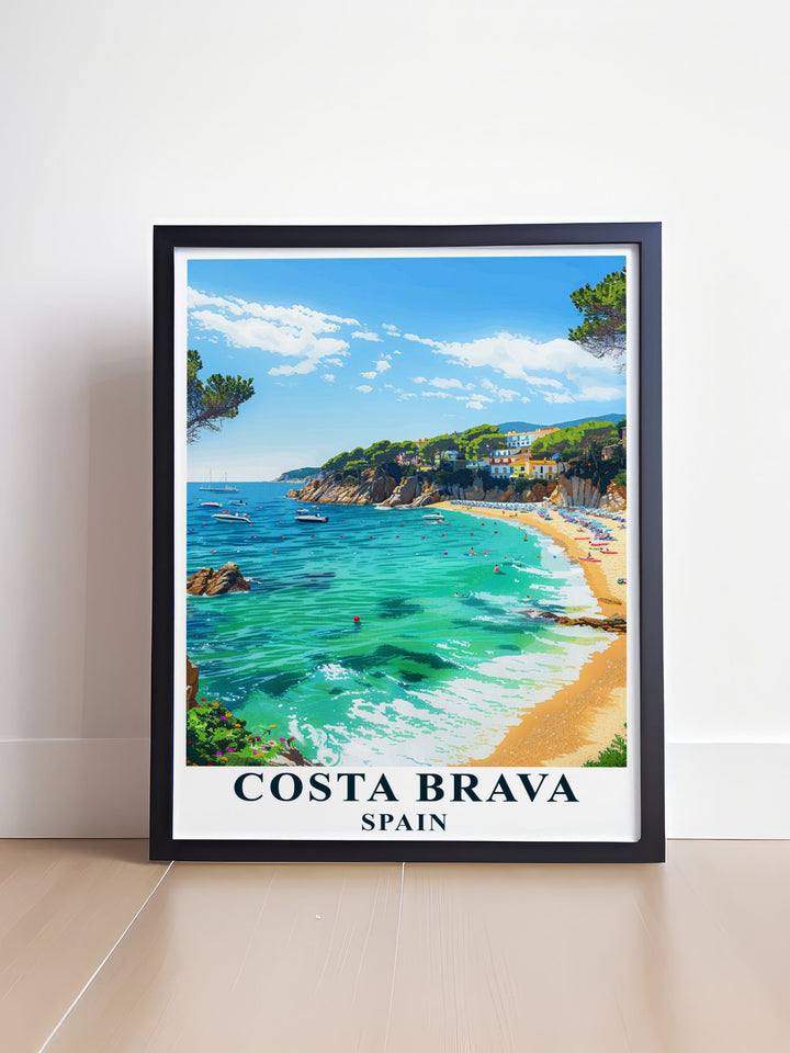 A stunning Costa Brava travel print featuring Spains famous Costa Brava Beach. This wall art adds a coastal vibe to any room and is perfect for those looking for unique Spain décor or a personalized gift for lovers of Mediterranean landscapes.