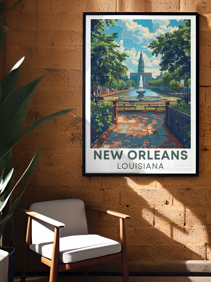 Charming Jackson Square travel print featuring the lively surroundings and historic architecture of New Orleans making it an excellent choice for home decor or as a thoughtful gift for those who cherish their New Orleans travels