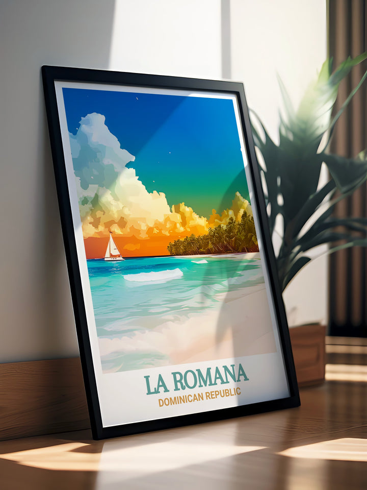 La Romanas iconic Bayahibe Beach is beautifully portrayed in this art print, making it a stunning addition to any wall. The print captures the essence of the Caribbeans calm and peaceful atmosphere.