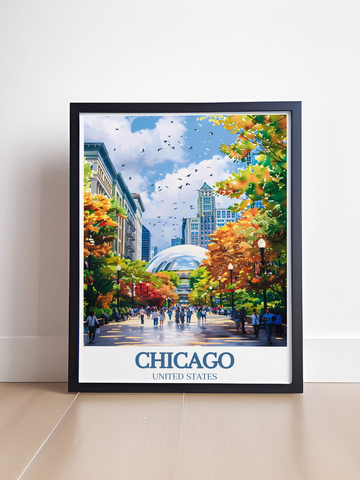 Capture the essence of Chicago with this stunning wall art print, featuring Millennium Parks lush gardens and architectural wonders. The iconic Cloud Gate is beautifully illustrated in this travel poster, ideal for enhancing any room with urban sophistication.