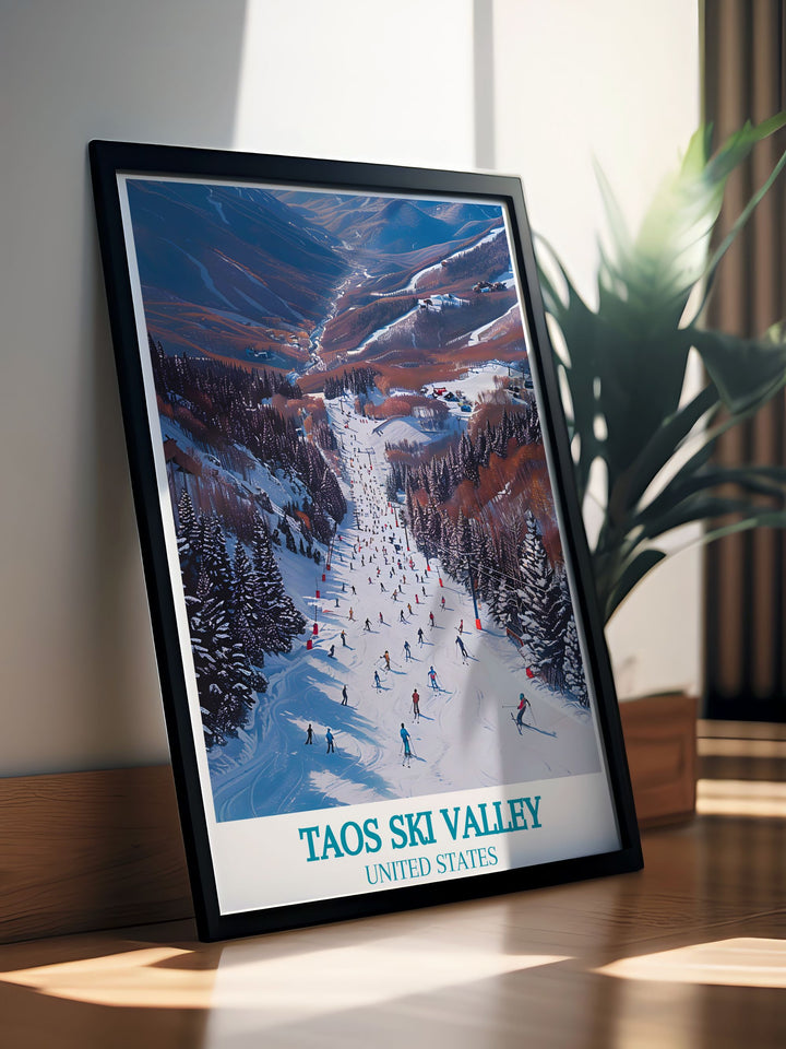 Experience the excitement of Als Run at Taos Ski Valley with this detailed art print, showcasing the challenging terrain and beautiful mountain scenery.