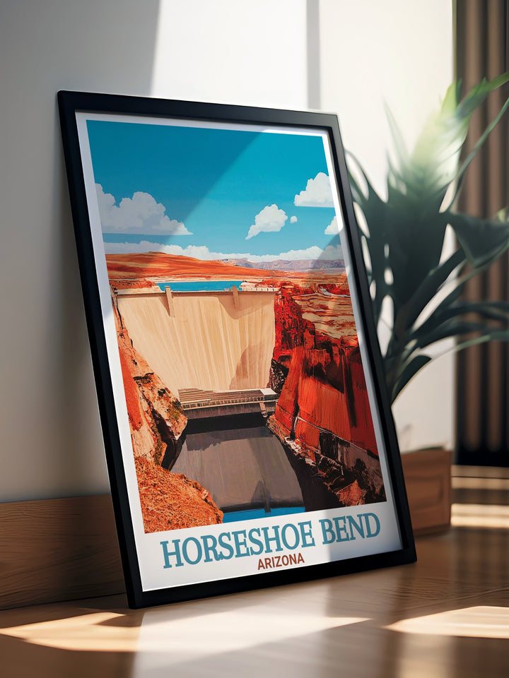 This framed art of Horseshoe Bend and Glen Canyon Dam is a perfect gift for nature lovers and those who appreciate Arizonas stunning landscapes, offering a timeless piece of National Park decor.