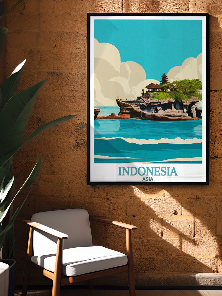 Bring Balis iconic Tanah Lot Temple into your home with this stunning art print. The temple, set against the backdrop of the Indian Ocean, makes this piece a perfect addition to any space, celebrating Indonesias timeless beauty.