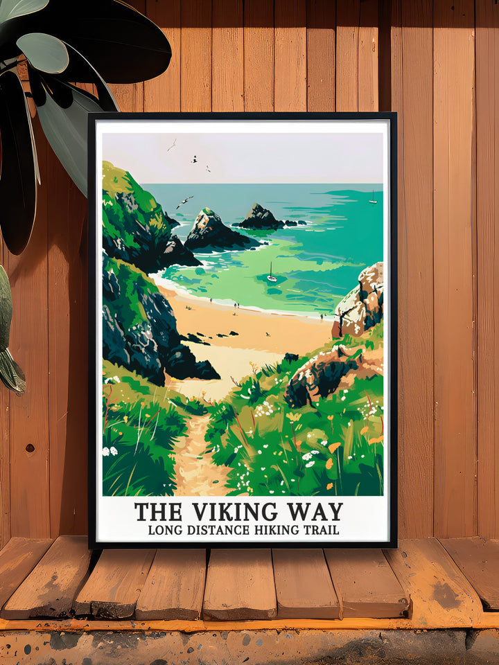 Norwegian Sea wall art featuring Hoddevik Beach and The Viking Way Long Distance Hiking Trail. This vibrant print brings the coastal charm and rugged beauty of the trail into your home. A perfect piece for enhancing your decor with nature inspired art.