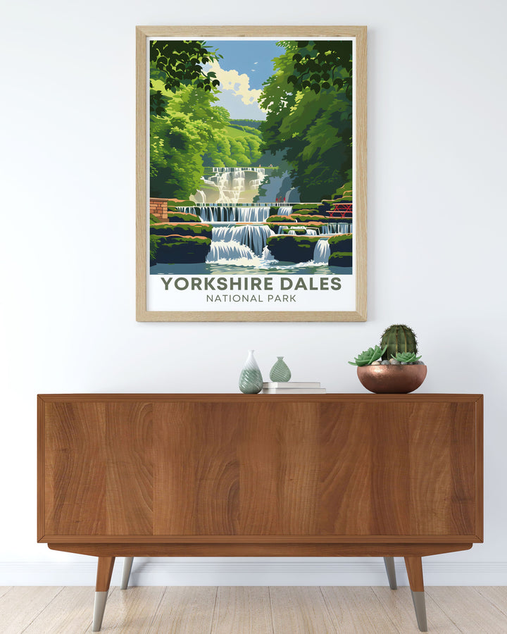 This Aysgarth Falls travel poster brings the beauty of the Yorkshire Dales into your living space. The detailed artwork captures the essence of the falls making it a perfect gift for travel enthusiasts and nature lovers who appreciate the serene beauty of the Dales.