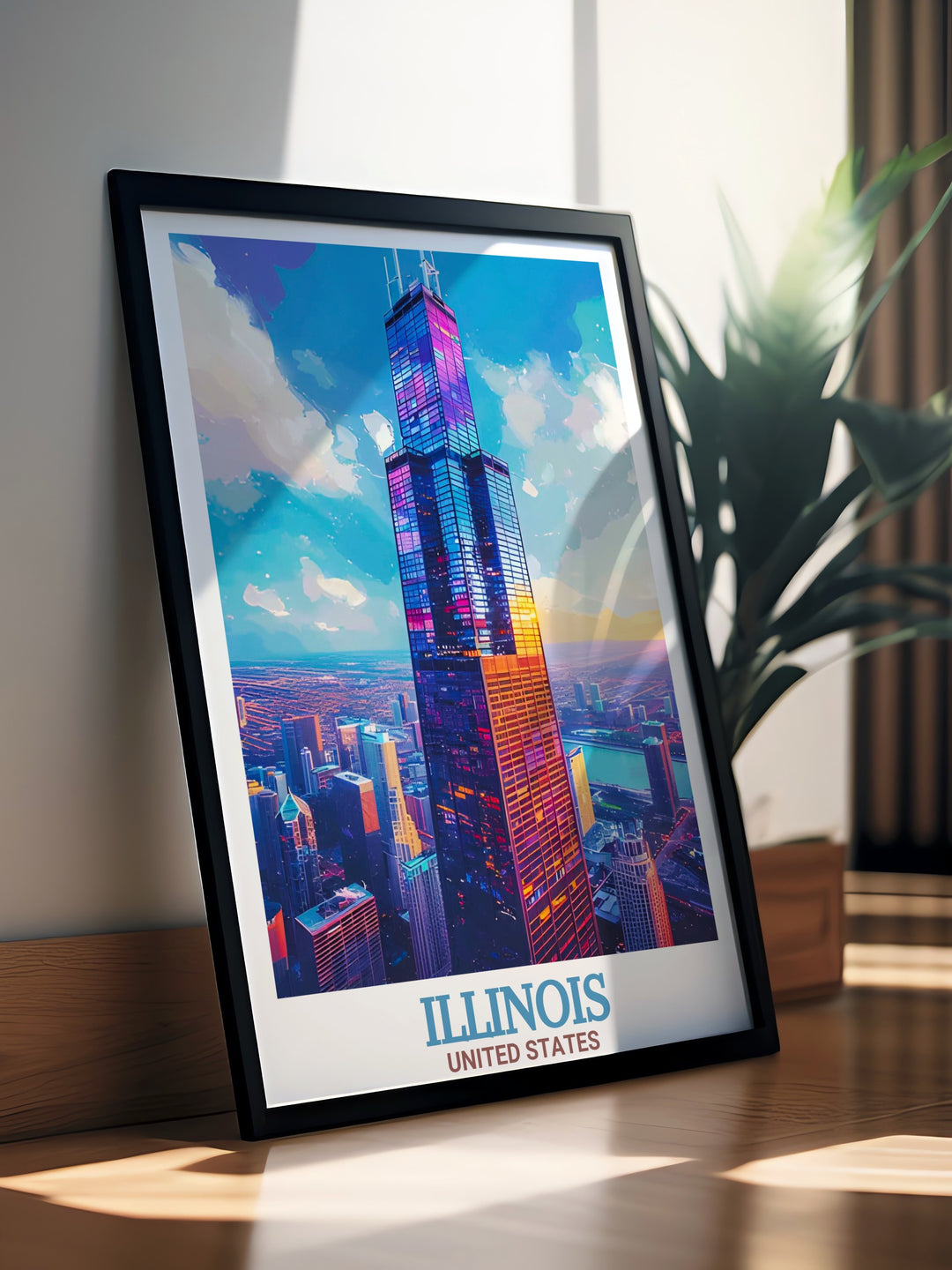 A beautiful Chicago wall poster featuring Willis Tower and the citys skyline, this travel print is perfect for those who appreciate urban landscapes. Its modern design makes it an eye catching addition to any room, whether for personal decor or as a thoughtful gift.