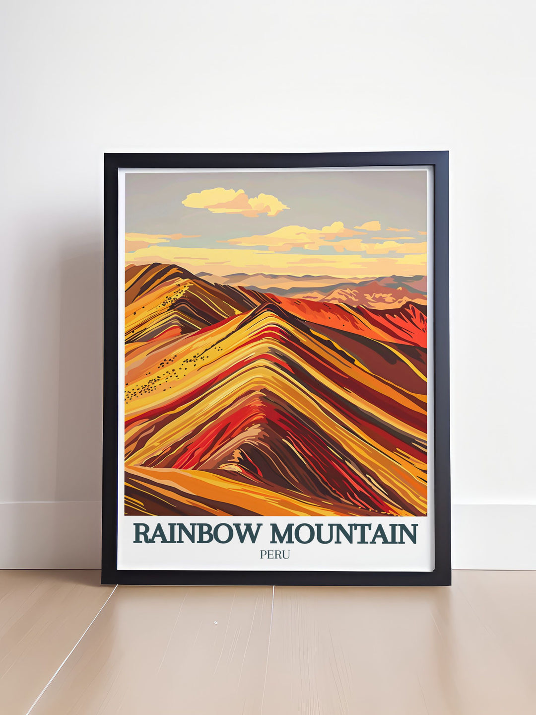 Vibrant Rainbow Mountain poster featuring the Andean highlands Red Valley ideal for Peru travel gifts and those looking to enhance their home decor with stunning artwork.