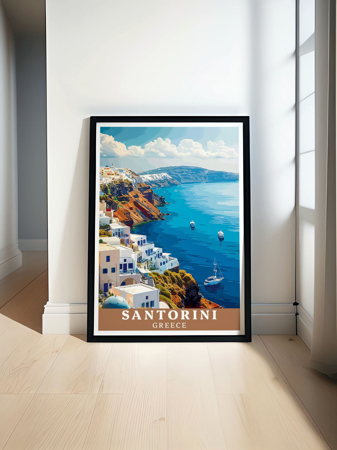 A vintage poster of Santorinis Fira, featuring the towns renowned white and blue buildings set against the sparkling Aegean Sea. Perfect for those who adore Greek islands, this artwork brings the charm and beauty of Greeces most iconic destination into your home.