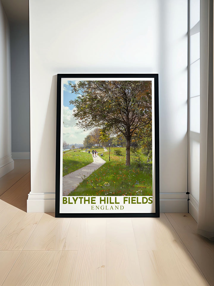 This art print captures the beauty of Blythe Hill Fields in South East London, featuring its scenic walkways and jogging paths, perfect for adding a touch of peaceful charm to your home decor.