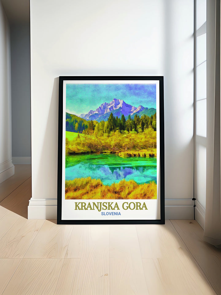 Zelenci Nature Reserve travel poster, showcasing the serene landscapes and natural beauty of this unique landmark in Kranjska Gora. This print captures the essence of Zelenci Nature Reserves charm, perfect for enhancing your home decor with a touch of scenic splendor.