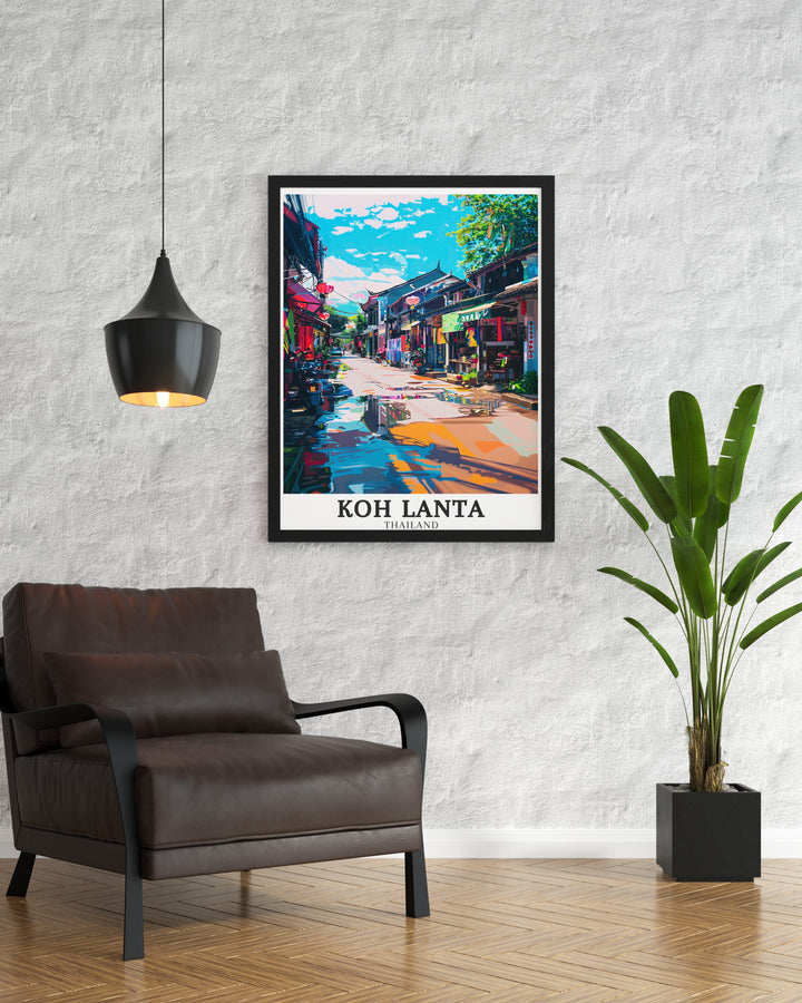 Celebrate the beauty of Ko Lanta Yai, Lanta Old Town with this captivating wall art. Featuring detailed beach illustrations of Koh Lanta Thailand, this travel print is perfect for adding color and serenity to your living room or as a unique gift for travelers and beach lovers.