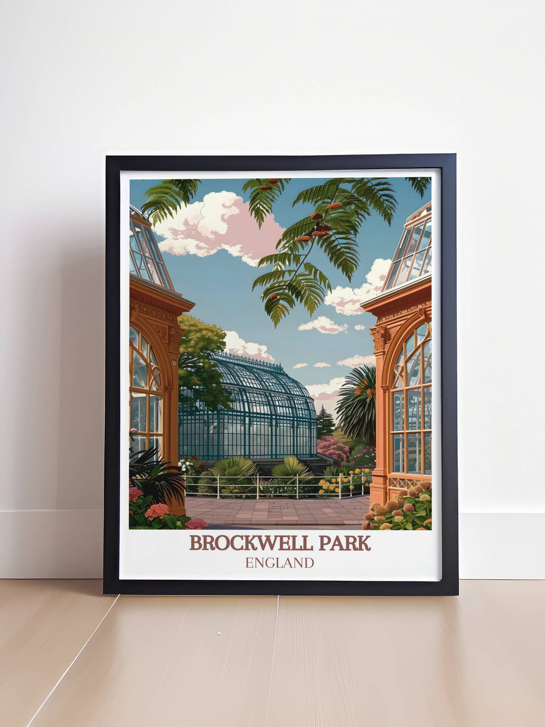 Brockwell Park Greenhouses in a minimalist art style, focusing on the elegant lines and botanical details