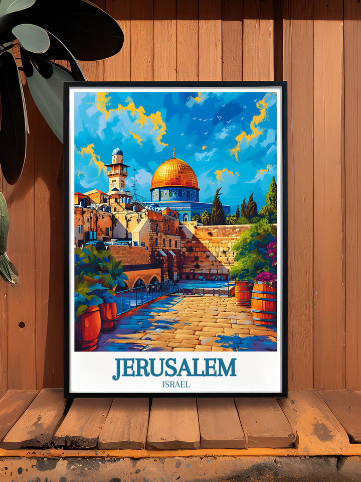 Highlighting the dynamic energy of Jerusalem, this travel poster features its bustling streets and historic sites. Perfect for those who appreciate vibrant scenes and dynamic atmospheres, this artwork captures the essence of the city.