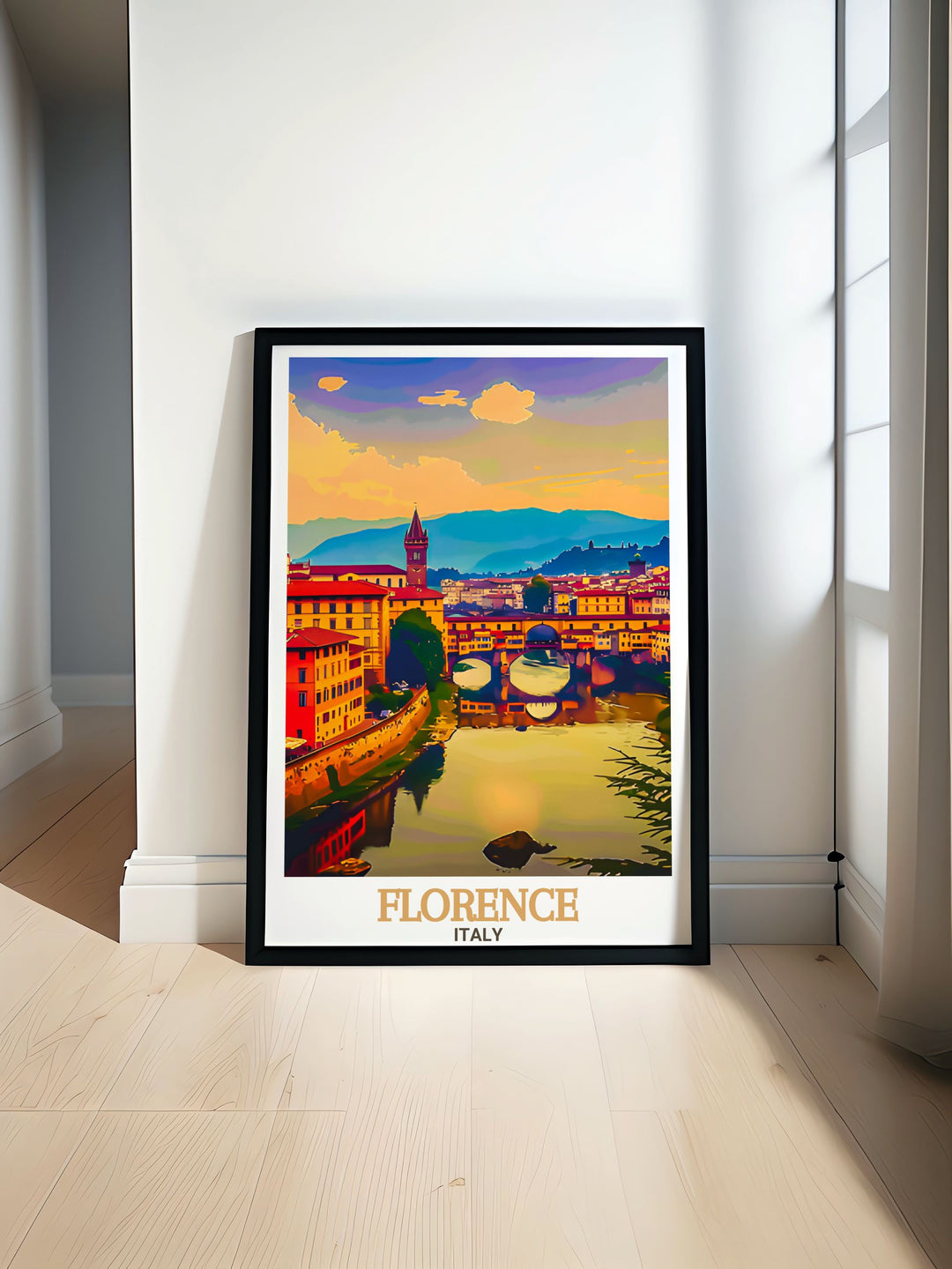 Florence art print featuring the iconic Ponte Vecchio brings the beauty of Italy into your home. This stunning travel print showcases the architectural charm of Florence Italy and makes a perfect addition to any room as elegant wall decor