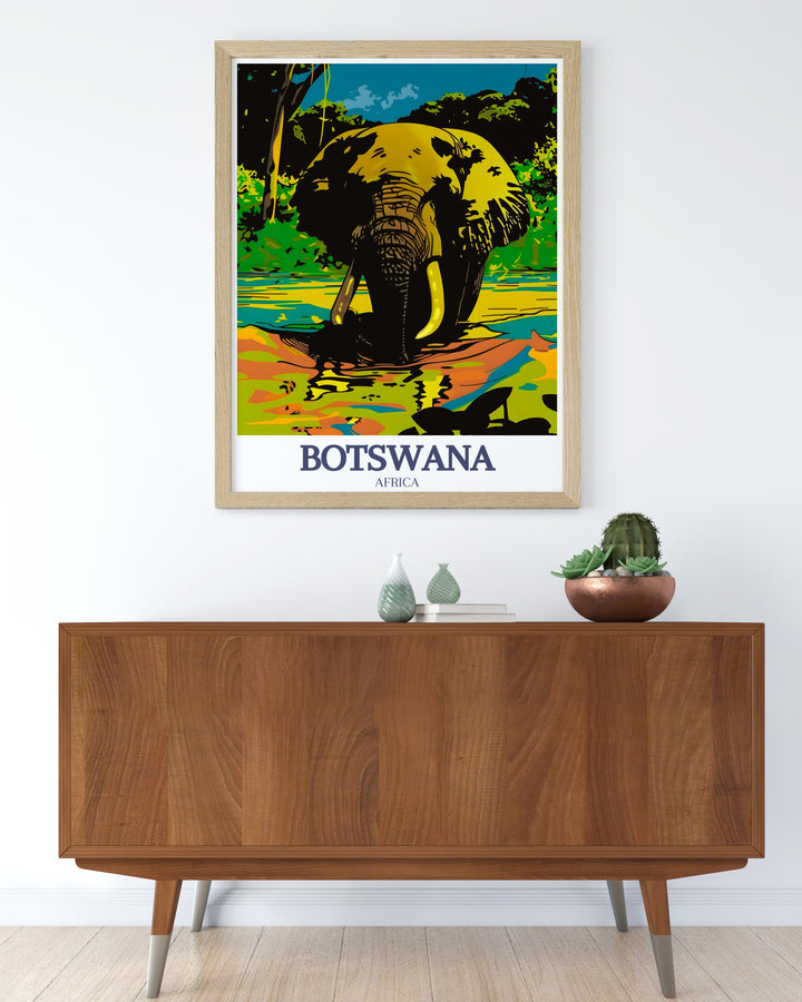 Transform your home decor with Botswana wall art of the Okavango Delta and Moremi Game Reserve. These Botswana travel prints showcase the stunning beauty and vibrant wildlife of these iconic regions, perfect for any art collection.
