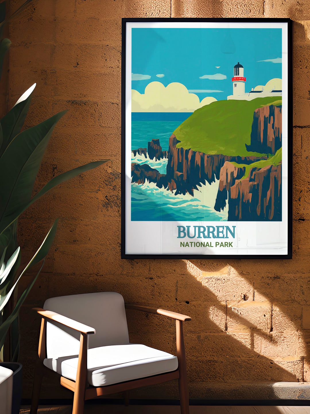 This Ireland travel poster showcases the Black Head Lighthouse standing strong against the Atlantic Oceans waves. The detailed portrayal of the lighthouse and its surroundings makes this print a perfect piece for maritime enthusiasts and lovers of Irish landscapes.