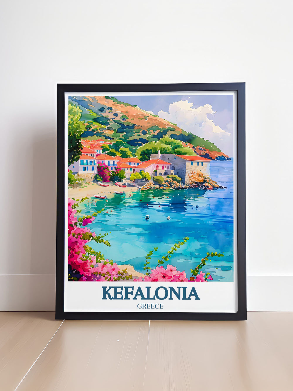 A vibrant Kefalonia poster featuring the tranquil coastal views of Assos Village and the shimmering Ionian Sea. Perfect for adding a touch of Greek Island charm to your home décor, this artwork highlights the colorful Venetian architecture and the breathtaking Mediterranean landscape.