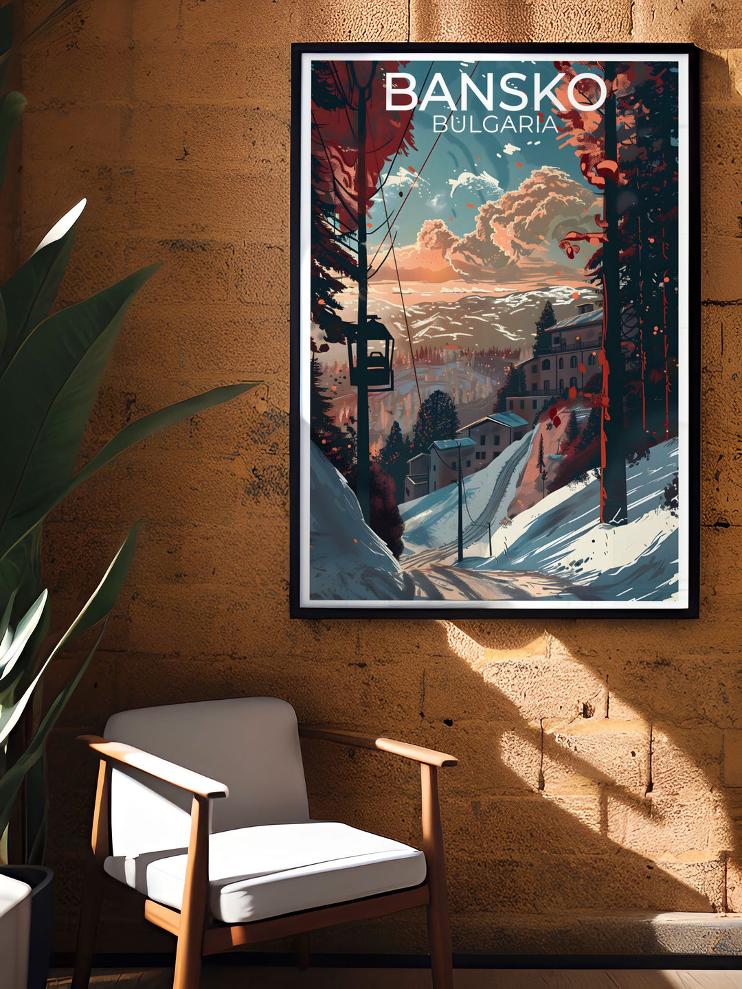 Featuring the iconic Holy Trinity Church and traditional houses of Bansko Old Town, this travel poster captures the rich history and architectural beauty of Bulgaria, ideal for travel enthusiasts.