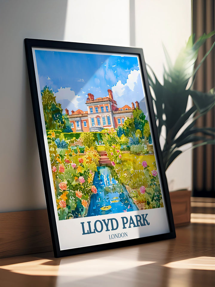 Vintage travel print of Lloyd Park in Walthamstow London featuring the rose garden at William Morris gallery. Perfect for adding a touch of nature and history to your home. A beautiful representation of Londons parks. Great for collectors of London travel posters and prints.