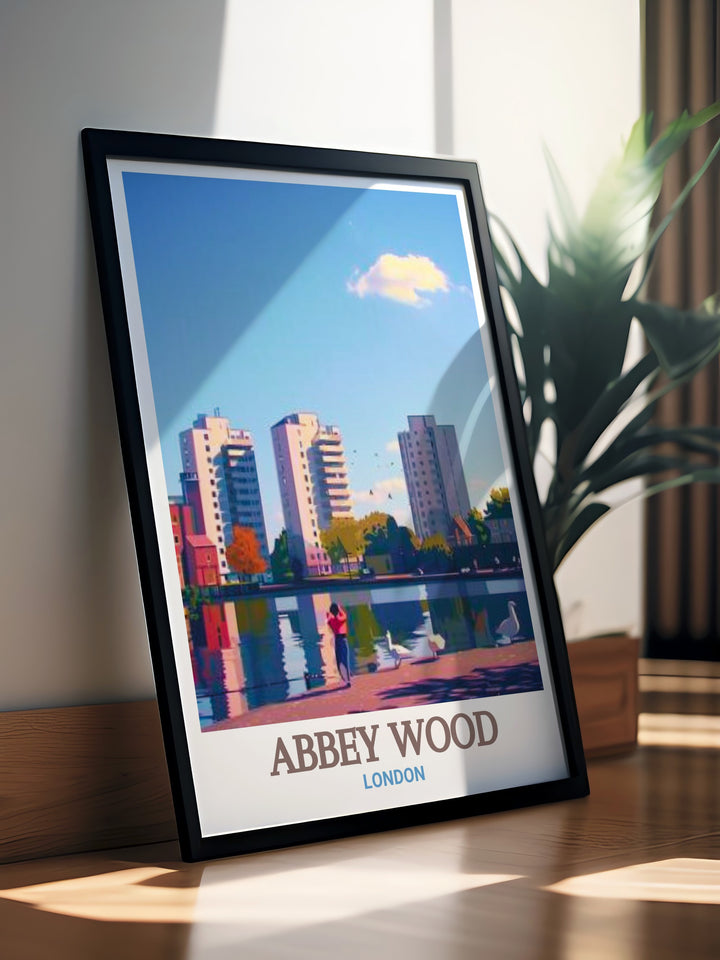 Stunning living room decor featuring Southmere Lake and Abbey Wood London a framed print that brings the peaceful atmosphere of South East Londons most cherished green spaces into your home