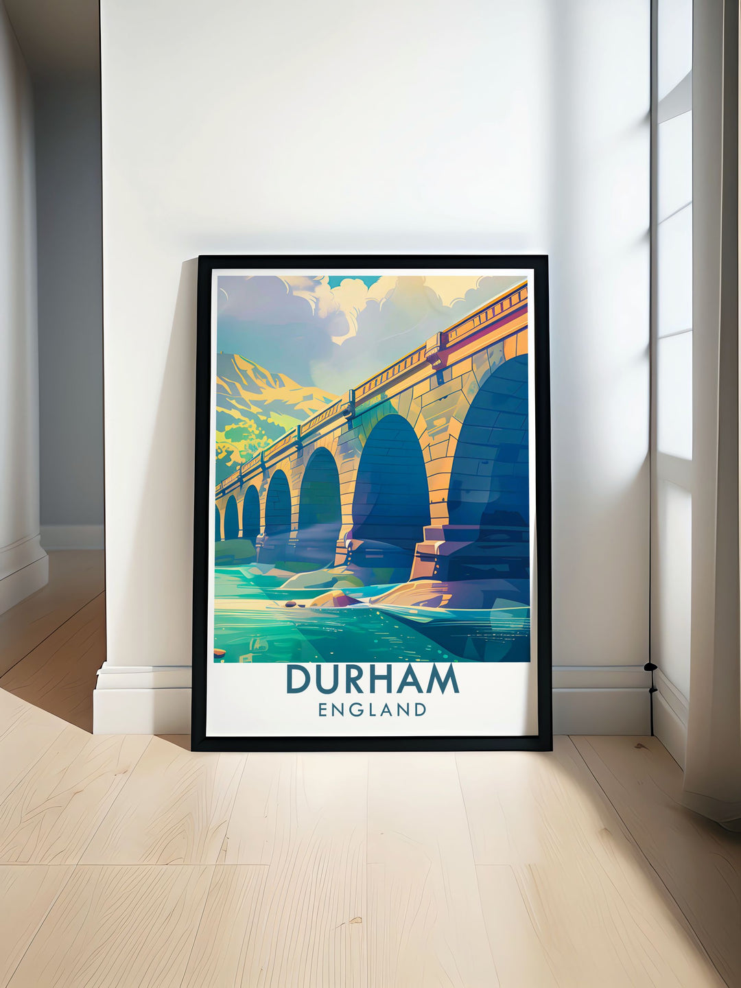 Prebends Bridge is highlighted in this travel poster, capturing its historic charm and the timeless beauty of Durhams riverside, perfect for your living space.