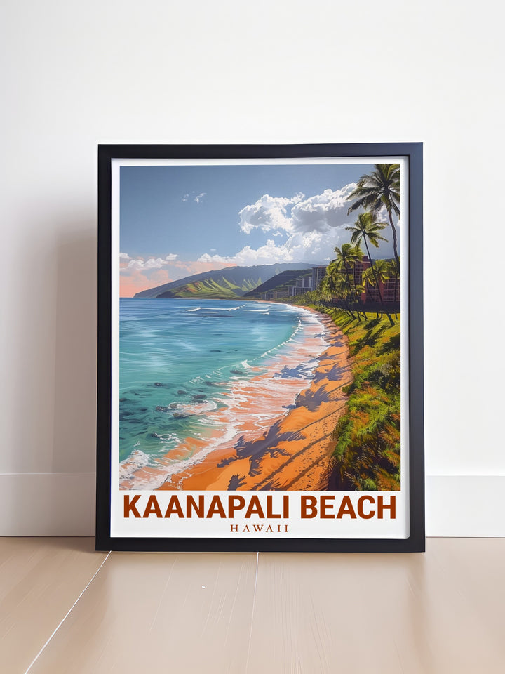 Kaanapali Beach poster print capturing the breathtaking beauty of Mauis famous coastline. This travel art showcases the crystal clear waters and soft sandy shores of this iconic Hawaiian destination, making it a perfect addition to your beach house décor or gift for anyone who loves tropical getaways.