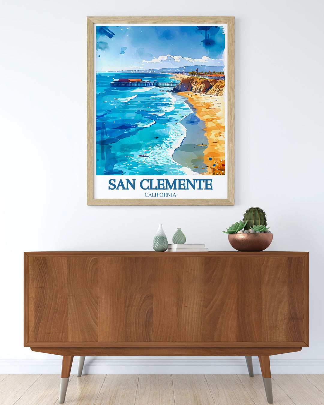 Colorful Art Print of San Clemente highlighting the Railfanning train San Clemente pier. This stunning print is perfect for living room decor bringing a touch of elegance and modern design to your space.