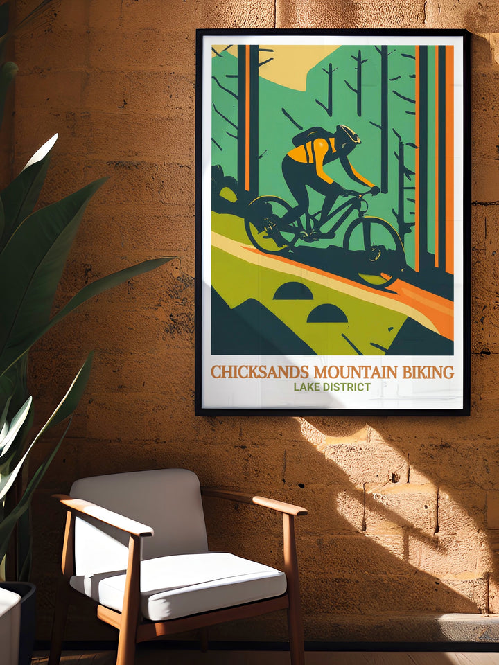 A detailed print of Chicksands mountain bike trails, perfect for those who love the fast paced action of off road cycling, featuring the iconic tracks, jumps, and berms that make this park a favorite among mountain bikers.