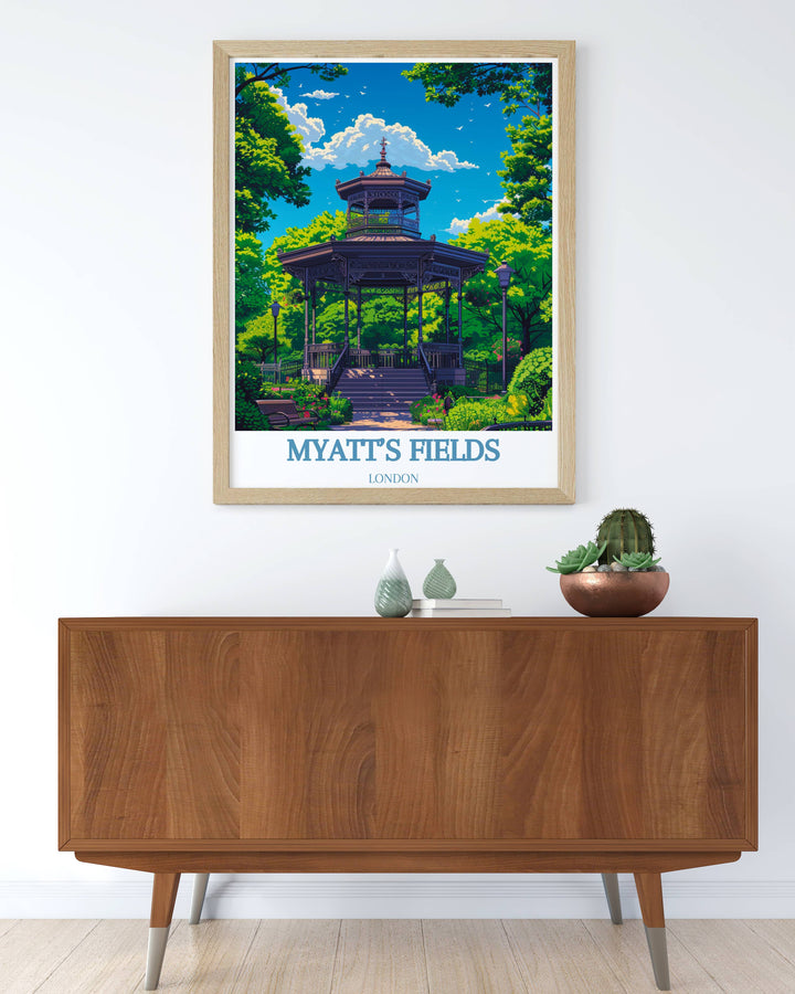 Retro London Travel Poster of The Bandstand capturing the essence of South London parks such as Myatts Fields and Camberwell with refined vintage appeal