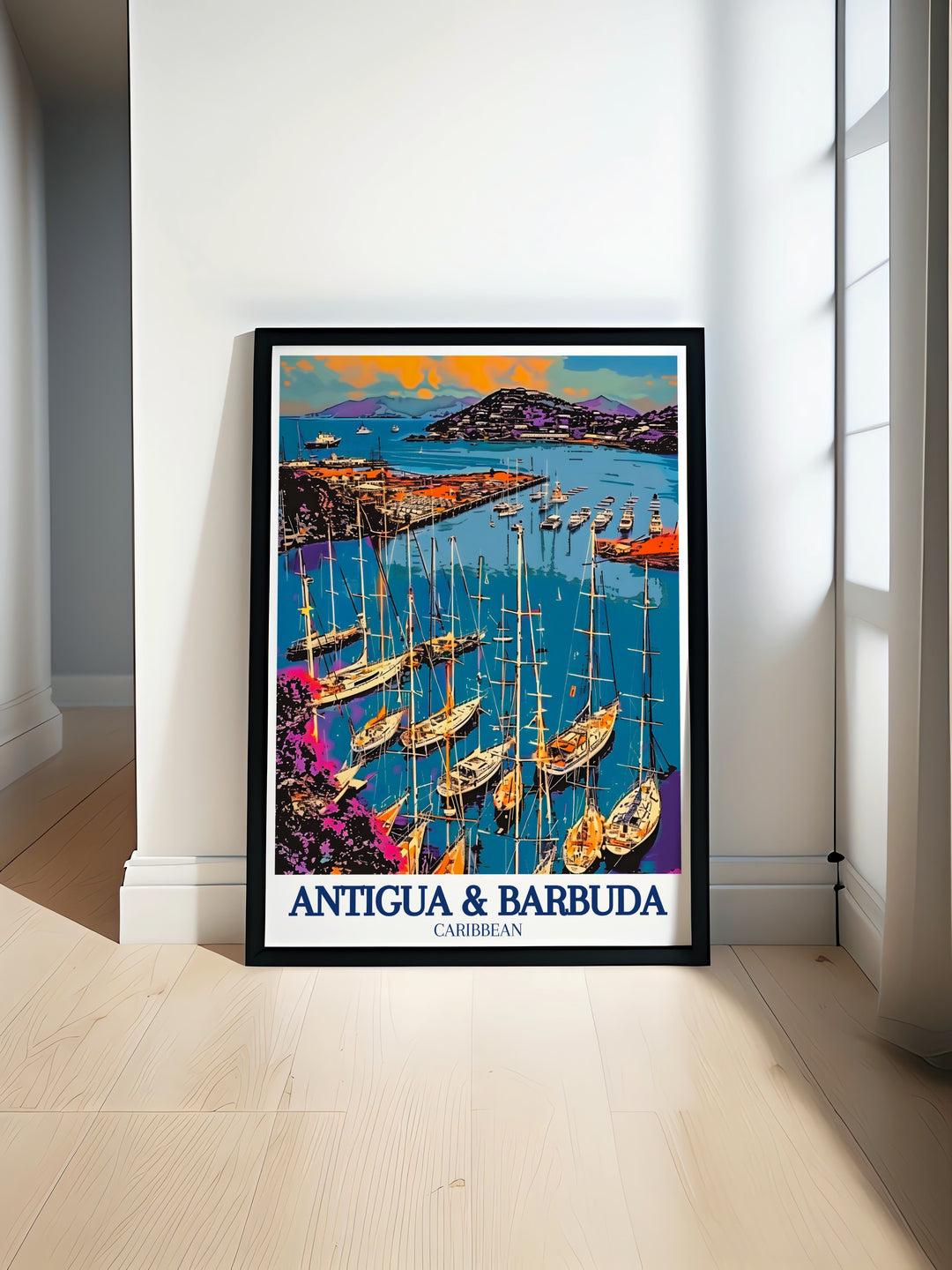 Antigua Custom Print highlighting the vibrant colors, cultural heritage, and stunning scenery of Antigua and Barbuda. The artwork captures the essence of these Caribbean islands, making it an excellent choice for adding a splash of tropical elegance to any room