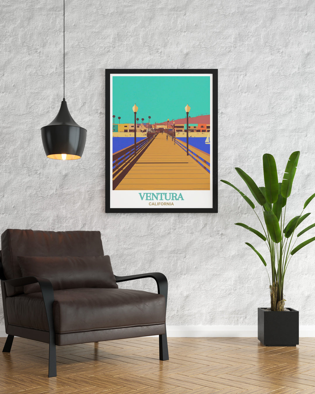 This matted poster of Ventura Pier in California offers a fine line print design that highlights the Piers graceful lines and the vastness of the Pacific Ocean. The black and white artwork also includes a street map of Ventura County, making it a perfect addition to any home or a thoughtful gift for beach lovers.